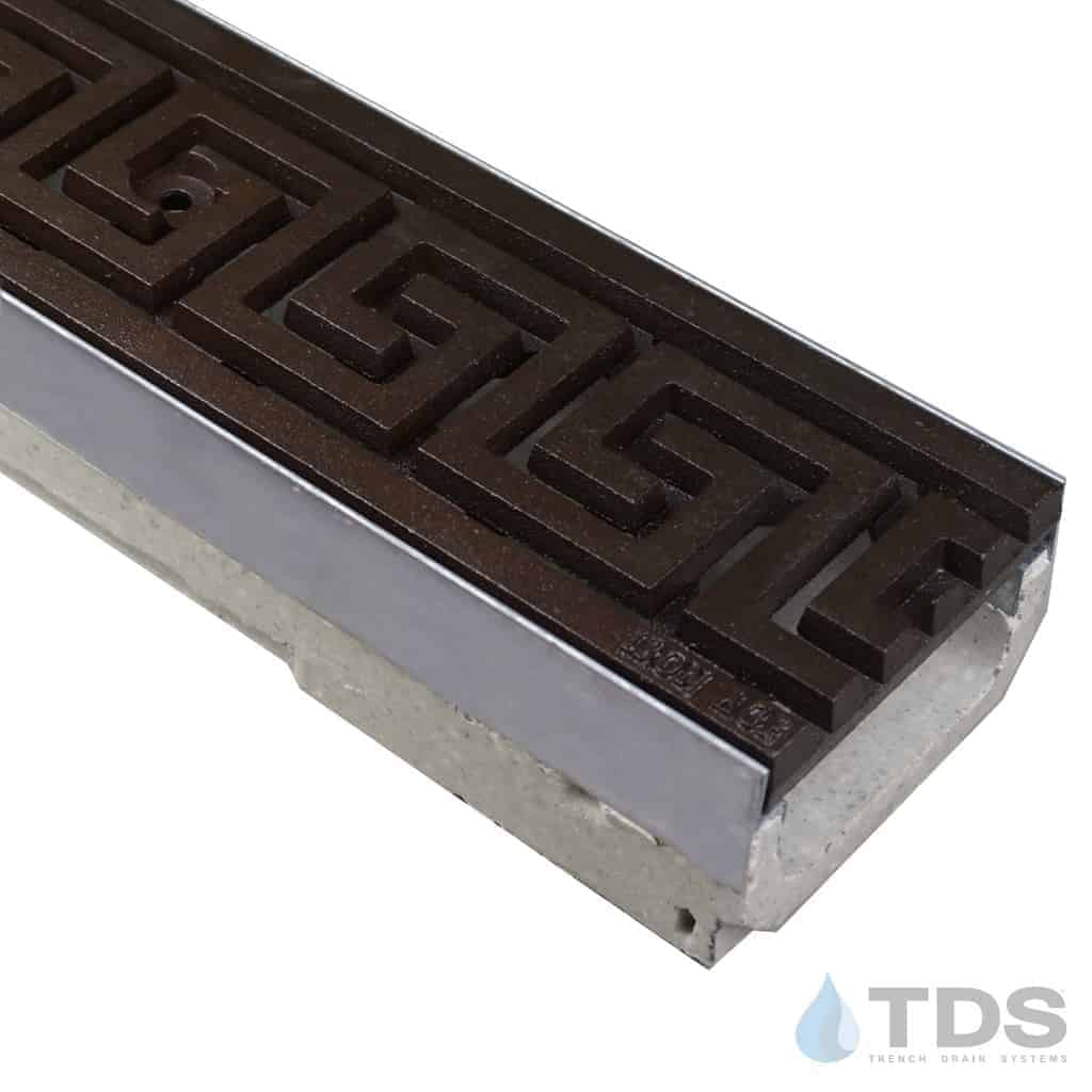 ULMA shallow drain channel with stainless steel edge and Iron Age Greek Key grate with Baked on Oil Finish