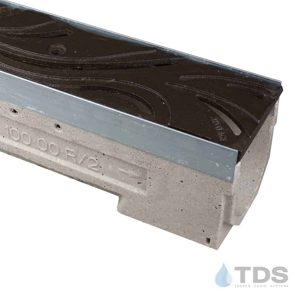 Ulma U100K Channel with Galvanized Steel edge and an Iron Age Design Minnione Grate with Baked on oli finishron grate ironage ulma polymer concrete channel galv edge