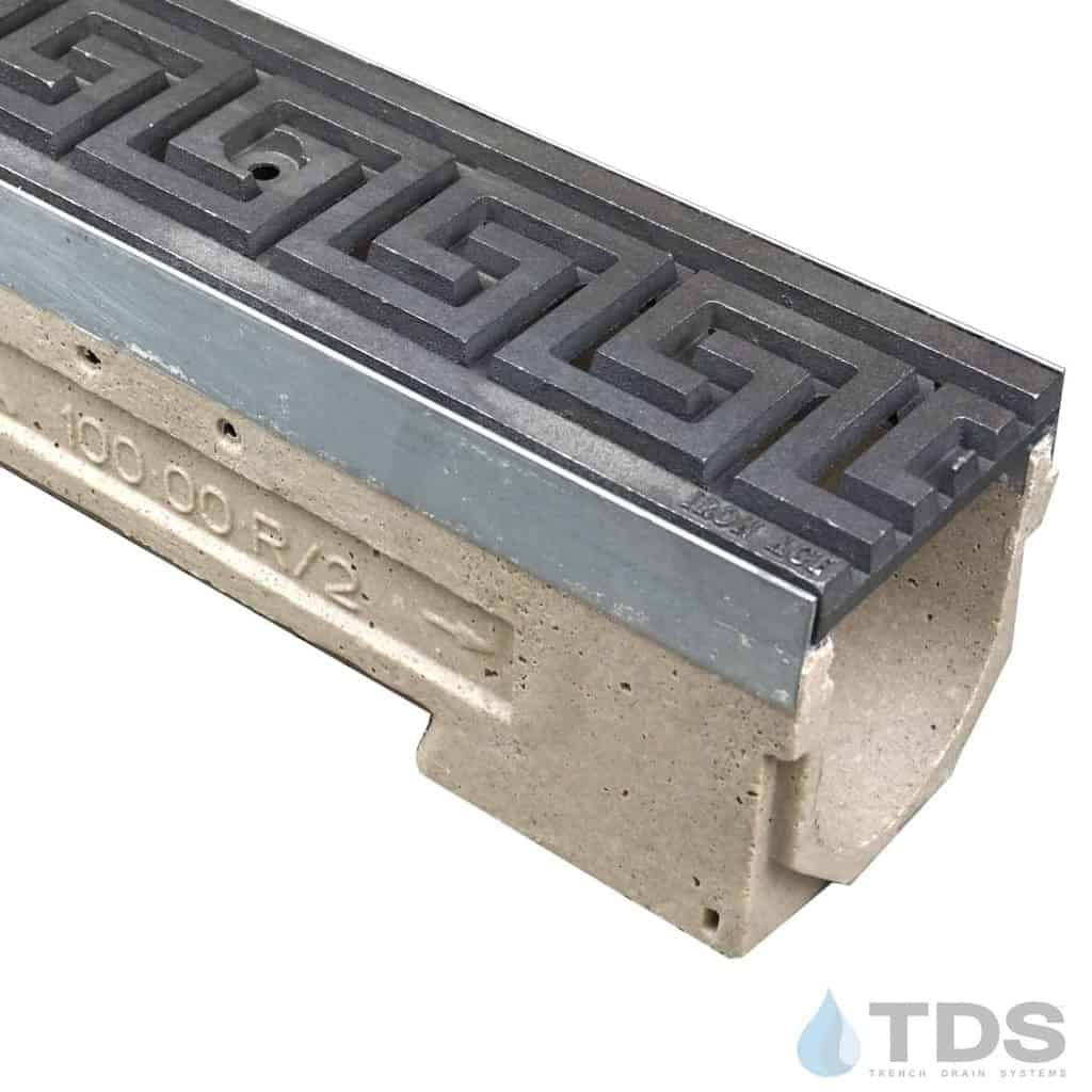 U100KM-GreekKey Iron Age Cast Iron Deco Raw grate polymer concrete galv edge ULMA channel