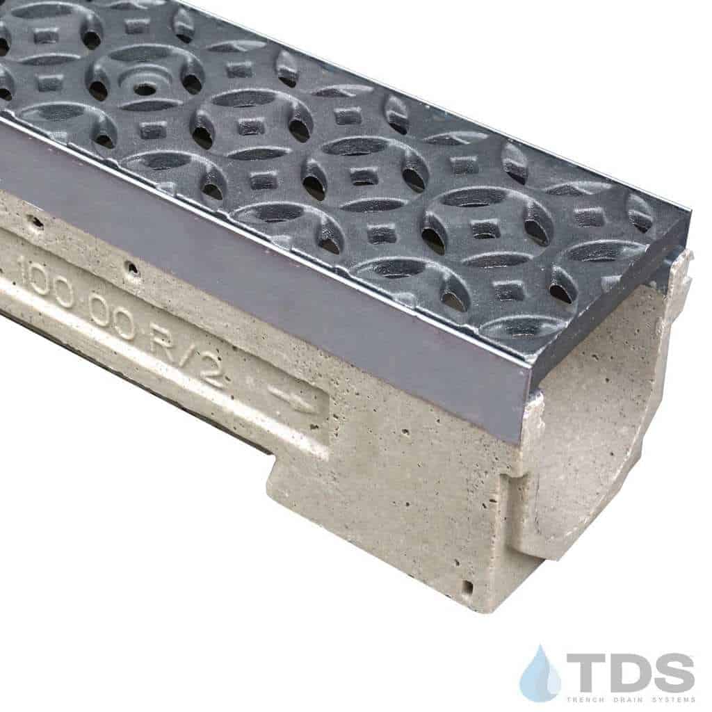 ULMA drain channel with stainless steel edge and Iron Age Interlaken grate