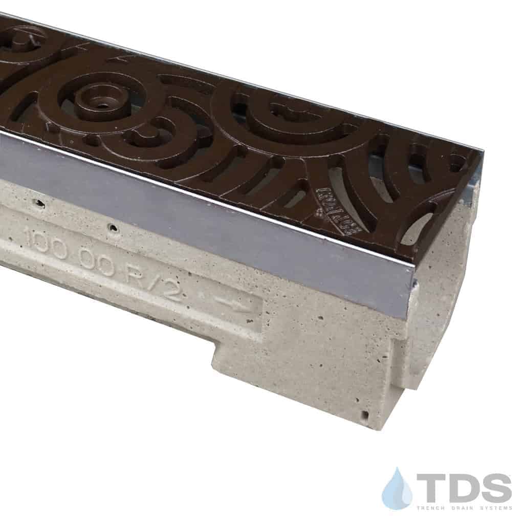 ULMA drain channel with stainless steel edge and Iron Age Oblio Baked on Oil Finish grate