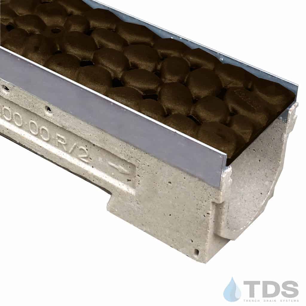 ULMA drain channel with stainless steel edge and Iron Age River Rock Baked on Oil Finish grate