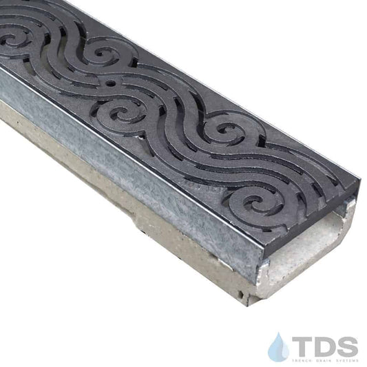 M100KX ULMA polymer concrete channel with stainless steel edge and Iron Age Raw Cast Iron Argo