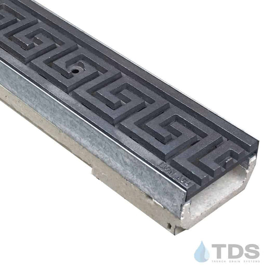 M100K-GreekKey Iron Age raw cast iron deco grate polymer concrete galv edge ULMA channel