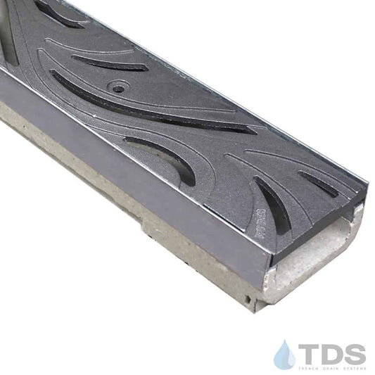 ULMA M100KX polymer concrete stainless steel edged channel with Iron Age Raw Cast Iron Minnione grate