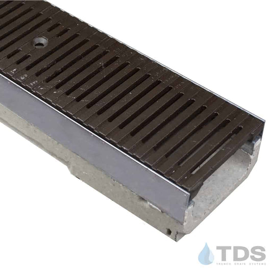 ULMA shallow drain channel with stainless steel edge and Iron Age Regular Joe heel-friendly grate with Baked on Oil Finish