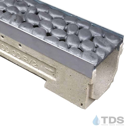 ULMA drain channel with stainless steel edge and Iron Age River Rock grate