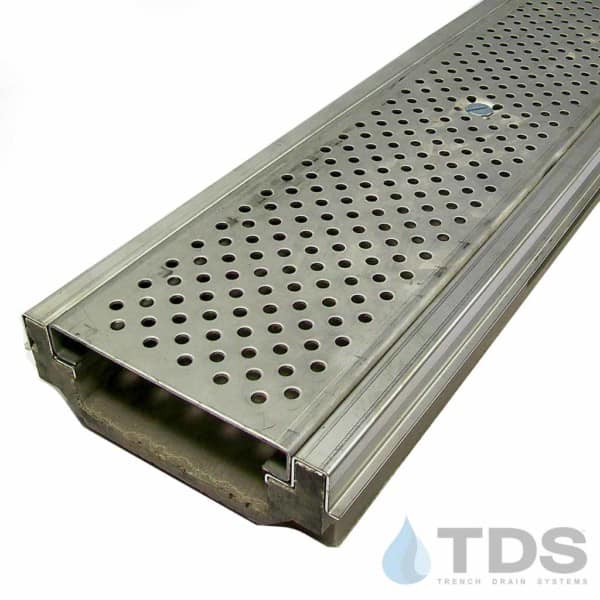 POLY500-SS-657-TDSdrains stainless steel perforated grate stainless steel edge shallow profile polymer concrete channel Polycast