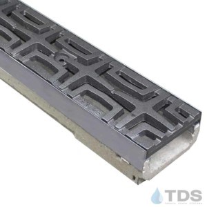 M100KX polymer concrete linear channel with stainless steel edge and Iron Age Carbochon Raw grate