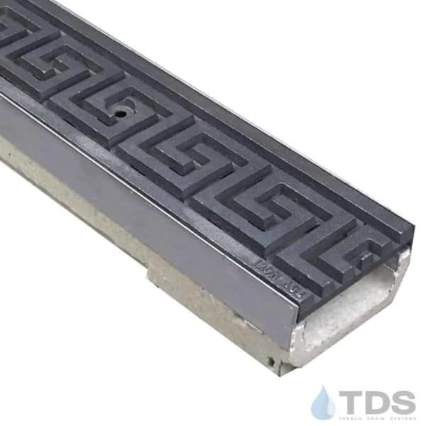 ULMA polymer concrete channel with stainless steel edge and Iron Age Greek Key Raw Cast Iron grate
