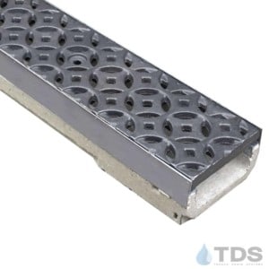 ULMA polymer concrete linear channel with stainless steel edge with Raw Iron Age Interlaken grate