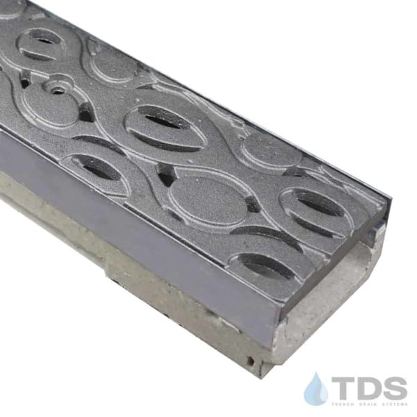 M100KX polymer concrete channel with stainless steel edge with Iron Age Raw Cast Iron Janis grate
