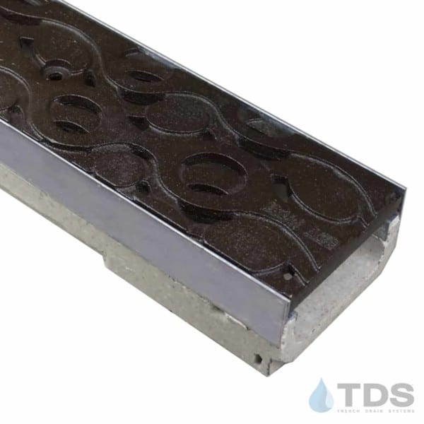 M100KX polymer concrete channel with stainless steel edge with Iron Age Baked on Oil Finish Cast Iron Janis grate