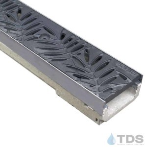 ULMA polymer concrete linear channel with stainless steel edge with Iron Age Boof Cast Iron Locust grate