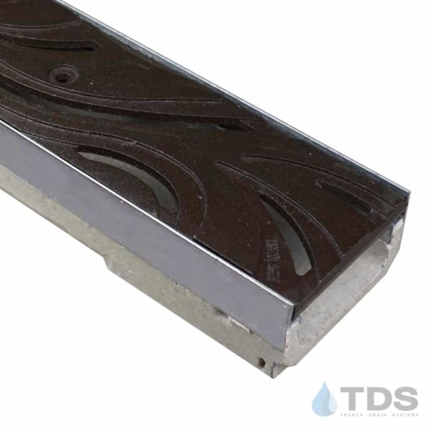 ULMA M100KX polymer concrete stainless steel edged channel with Iron Age Baked on Oil Finish Cast Iron Minnione grate