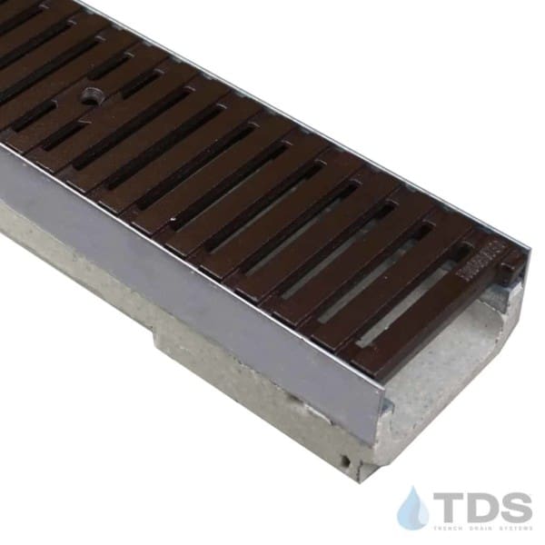 M100KX ULMA polymer concrete channel with stainless steel edge and Iron Age Baked on Oil Finish Cast Iron grate
