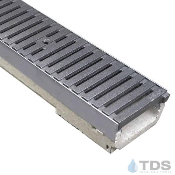 M100KX ULMA polymer concrete channel with stainless steel edge and Iron Age Raw Cast Iron grate