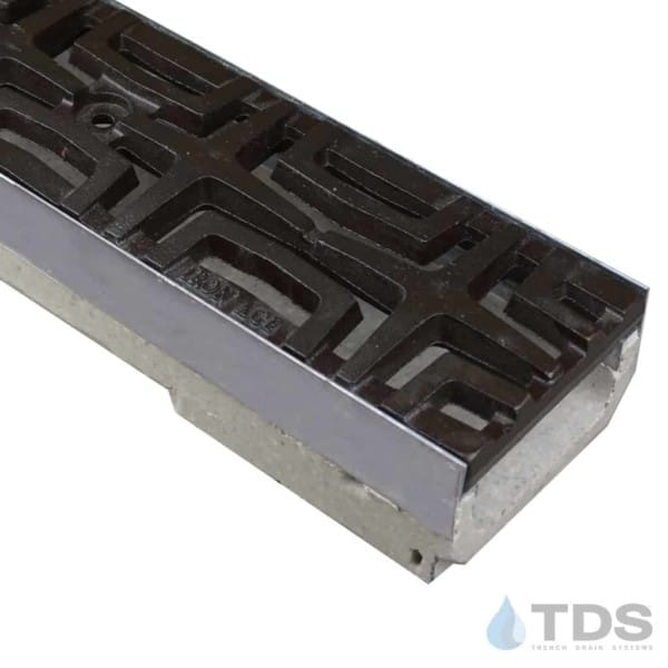 ULMA shallow drain channel with stainless steel edge and Iron Age Carbochon grate with Baked on Oil Finish