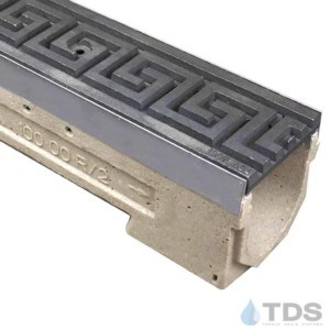 ULMA drain channel with stainless steel edge and Iron Age Greek Key grate