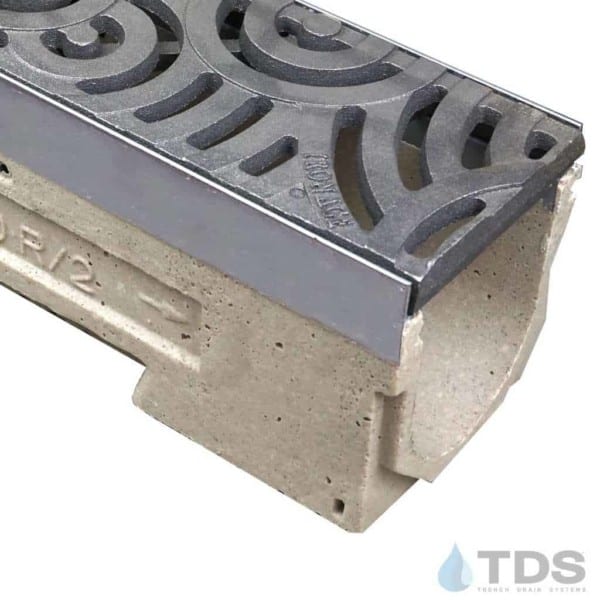 ULMA drain channel with stainless steel edge and Iron Age Oblio grate