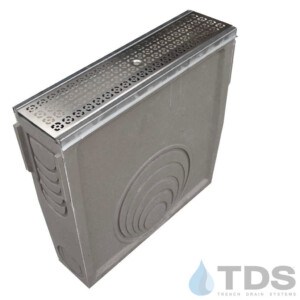 DP0650-SS-633H Polycast 600 inline catch basin with stainless steel edge and stainless steel square deco grate